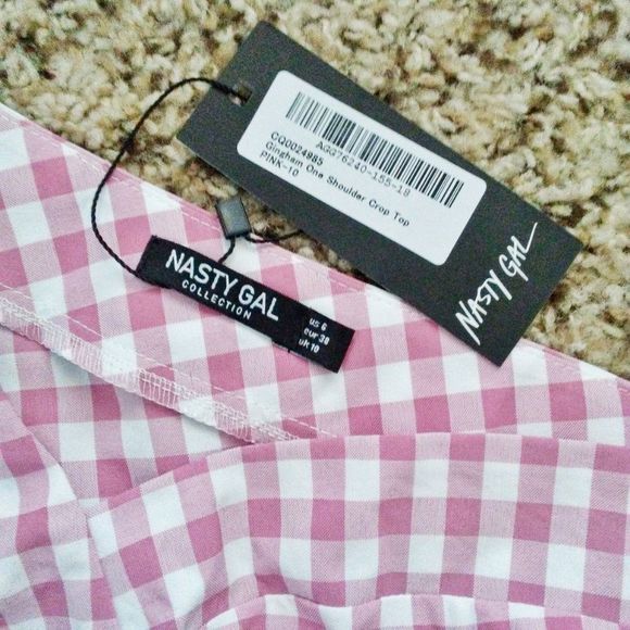 NWT Nasty Gal Pink Gingham One Shoulder Crop Top - Picture 7 of 7